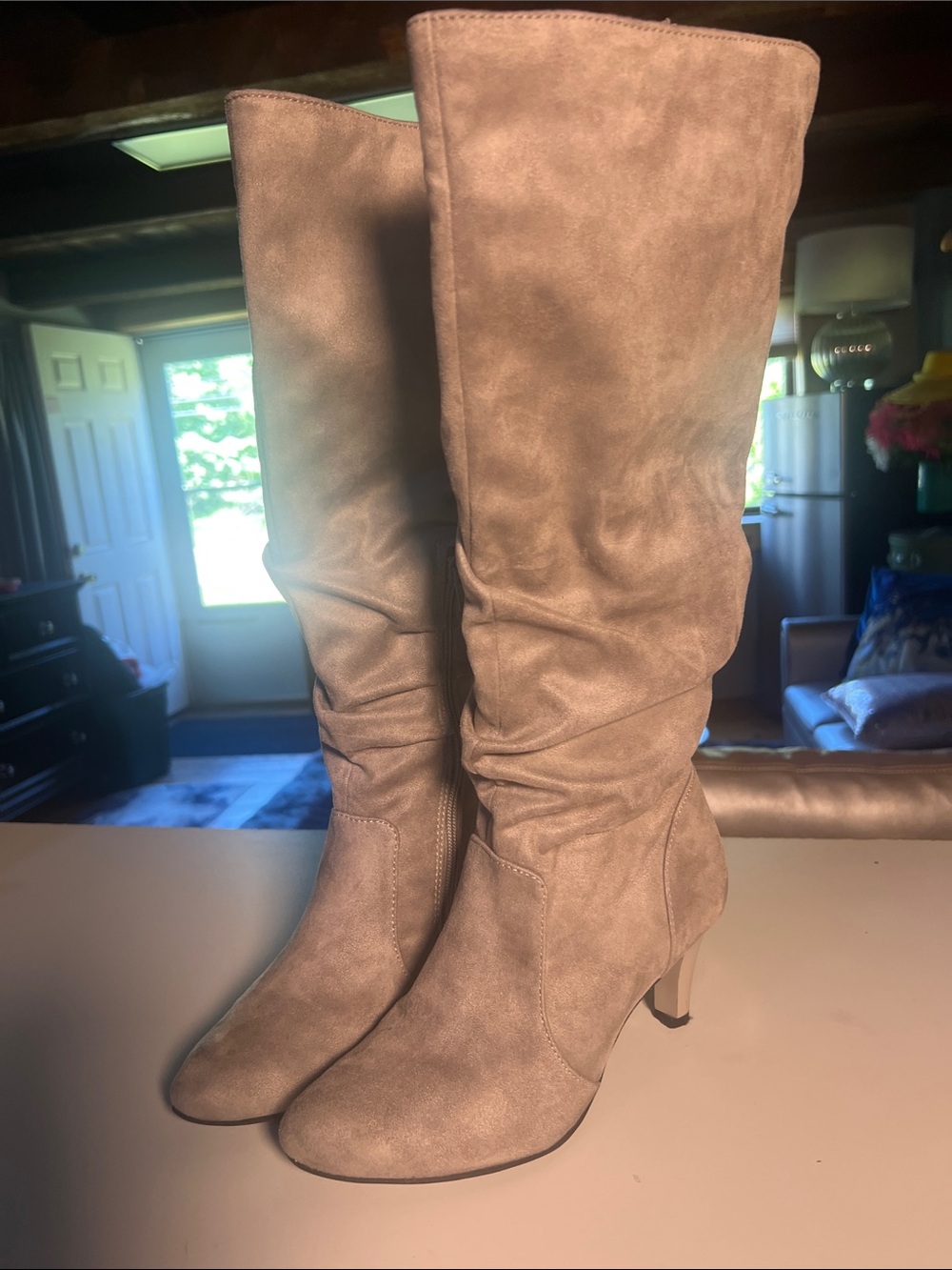 Women’s Taupe Knee-High Suede Heeled Boots